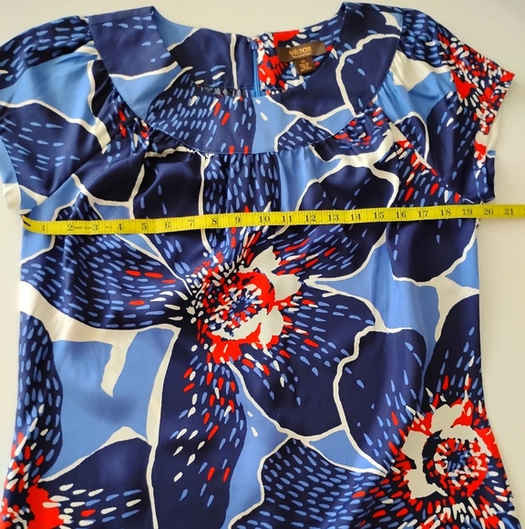 Victor Alfaro 100% Silk Navy Blue Floral Shift Dress Colorful Day Evening Sz 10 - Picture 15 of 16